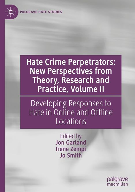 Titel: "Hate Crime Perpetrators: New Perspectives" mit Autorenangabe. Lila Textfeld auf grauem Hintergrund. Links oben Logo.