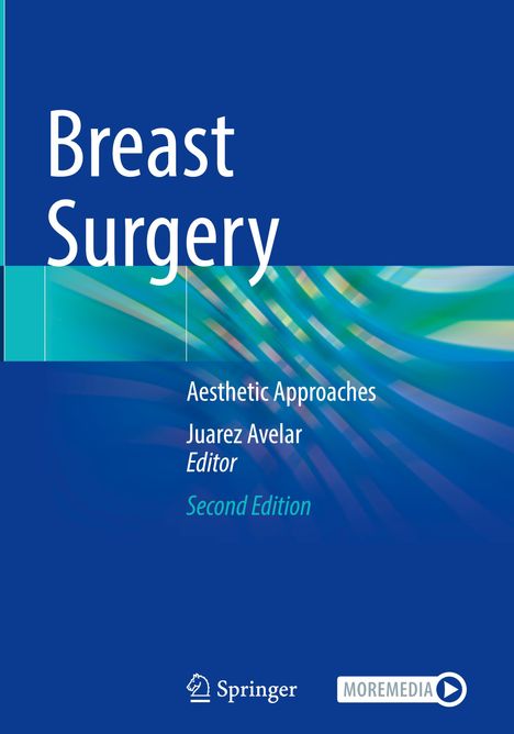 „Breast Surgery: Aesthetic Approaches“, Juarez Avelar, Editor. Zweite Ausgabe. Abstrakte blaue und grüne Muster. Springer-Logo.
