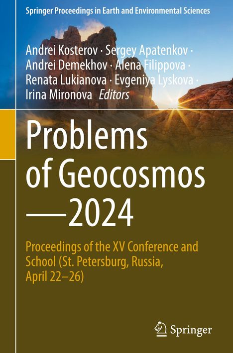 "Problems of Geocosmos 2024" ist zentral platziert, darunter wird eine Konferenz in St. Petersburg im April erwähnt. Oben links sind die Herausgeber und am unteren Rand das Springer-Logo abgebildet. Im Hintergrund ein Felsen bei Sonnenuntergang.