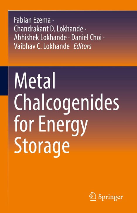 Oberer Teil: Namen der Herausgeber. Hauptteil: “Metal Chalcogenides for Energy Storage”. Orange-blauer Hintergrund. Logo unten.