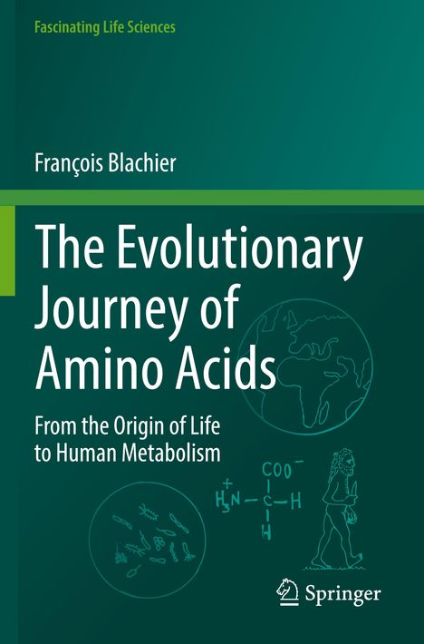 „The Evolutionary Journey of Amino Acids“. Grünes Cover mit chemischen Formeln und evolutionären Symbolen.