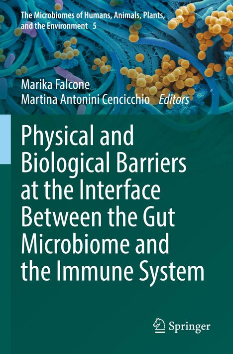 Titel: Physische und biologische Barrieren am Schnittpunkt von Darmmikrobiom und Immunsystem. Hintergrund: Mikrobenaufnahme.
