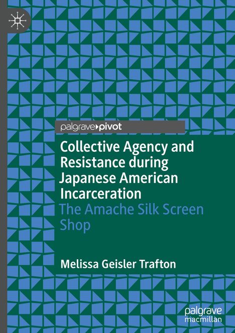 „Collective Agency and Resistance during Japanese American Incarceration“ steht auf geometrischem Muster-Hintergrund.