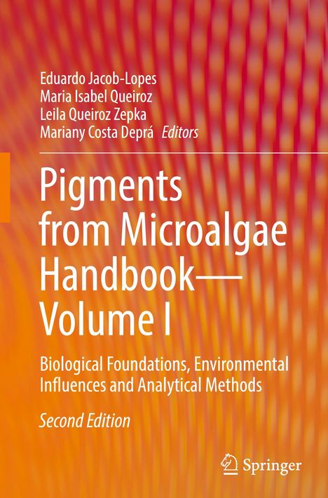 „Pigments from Microalgae Handbook—Volume I“, leuchtend orange Hintergrund mit unscharfen Linien.