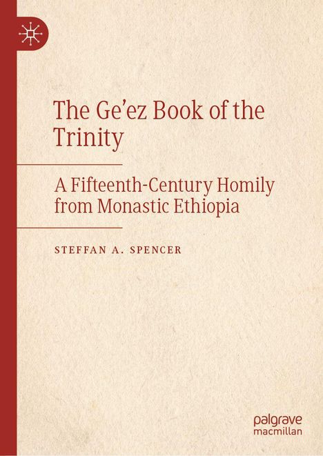 Texte: Titel "The Ge'ez Book of the Trinity" und Untertitel. Beige Hintergrund mit einem roten Symbol links.