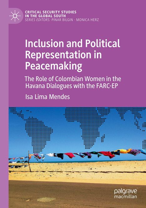 Text: "Inclusion and Political Representation in Peacemaking" von Isa Lima Mendes. Sandstrand mit flatternder Wäsche.