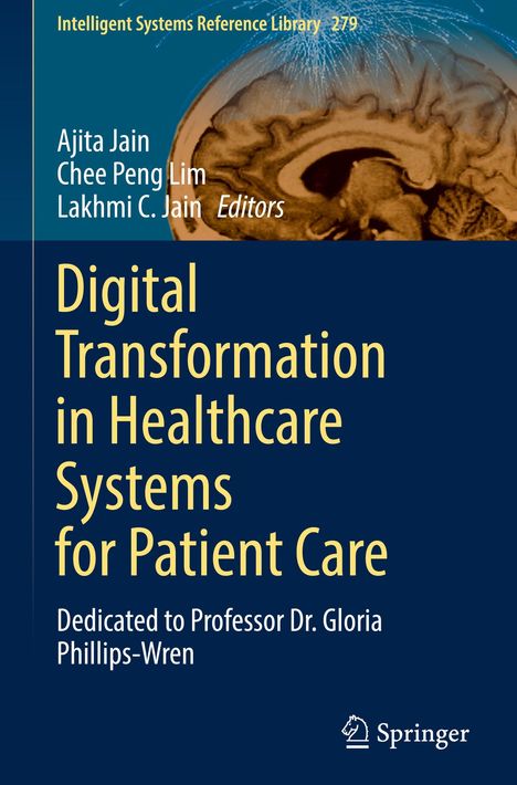 Bucheinband mit Titel: "Digital Transformation in Healthcare Systems for Patient Care". Abbildung eines Gehirns.