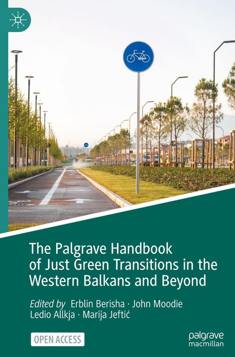„The Palgrave Handbook of Just Green Transitions in the Western Balkans and Beyond“. Fahrradweg mit Bäumen, Logo oben.