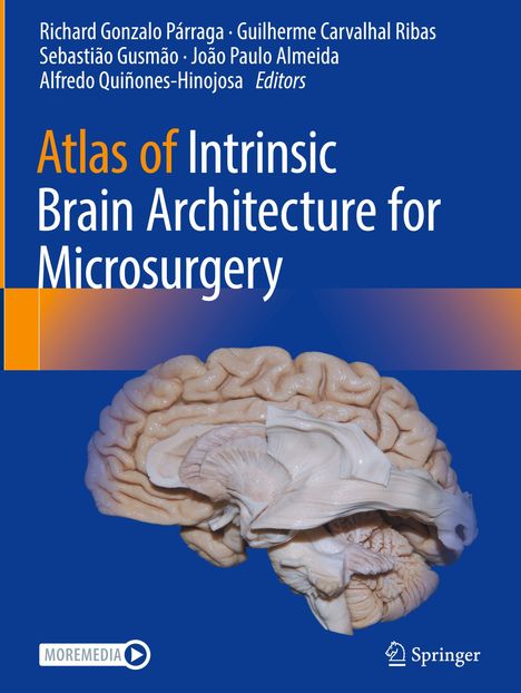"Atlas of Intrinsic Brain Architecture for Microsurgery" steht über einem Bild eines detailreichen Gehirns auf blauem Hintergrund.