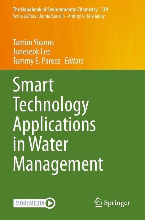 Titel: "Smart Technology Applications in Water Management". Namen: Tamim Younos, Juneseok Lee, Tammy E. Parece. Grün-Orange-Design.