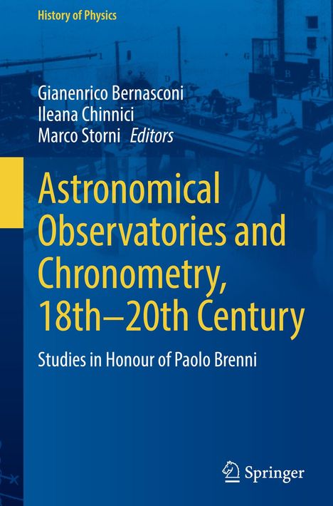 „Astronomical Observatories and Chronometry, 18th–20th Century“ steht auf einem blauen Hintergrund mit technischem Schema.