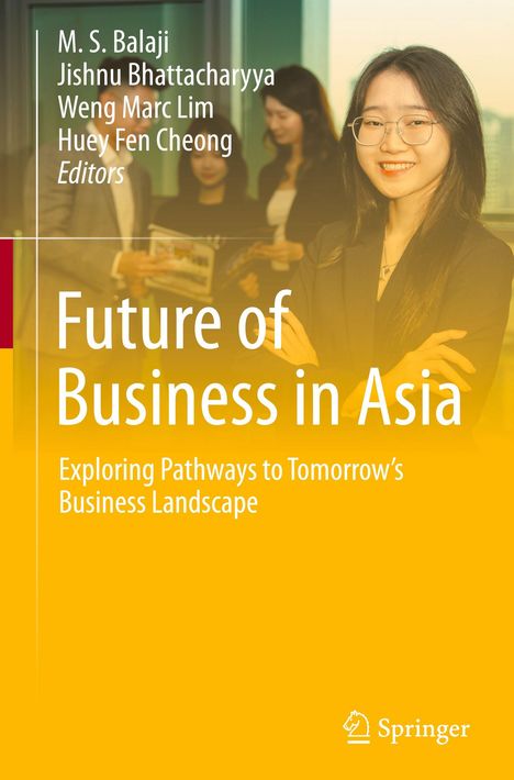 „Future of Business in Asia: Exploring Pathways to Tomorrow’s Business Landscape.“ Frau mit Brille lächelt, Bürohintergrund.