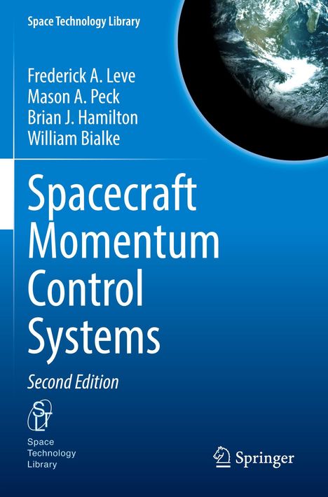 "Space Technology Library" oben, "Spacecraft Momentum Control Systems" Mittelteil, Autoren und "Second Edition" darunter. Erdkugel oben rechts.