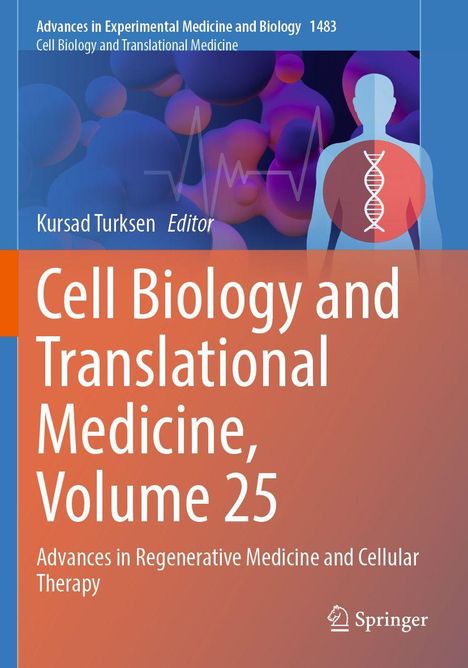 "Cell Biology and Translational Medicine, Volume 25" in weißer Schrift auf orange-blauem Hintergrund mit Zellillustrationen.