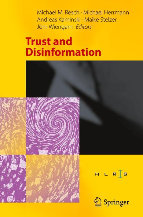 "Trust and Disinformation" in großer roter Schrift, darunter ein abstraktes Muster mit Spiralen und Menschen.