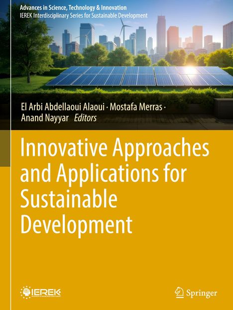 Titel: "Innovative Approaches and Applications for Sustainable Development". Solarzellen und Windturbine vor Skyline.