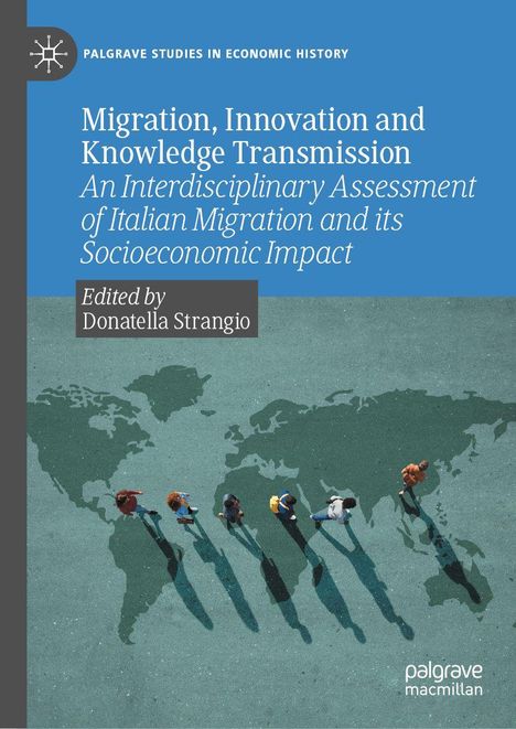 Buchtitel: "Migration, Innovation and Knowledge Transmission", Editor: Donatella Strangio. Menschen auf Weltkarten-Hintergrund.