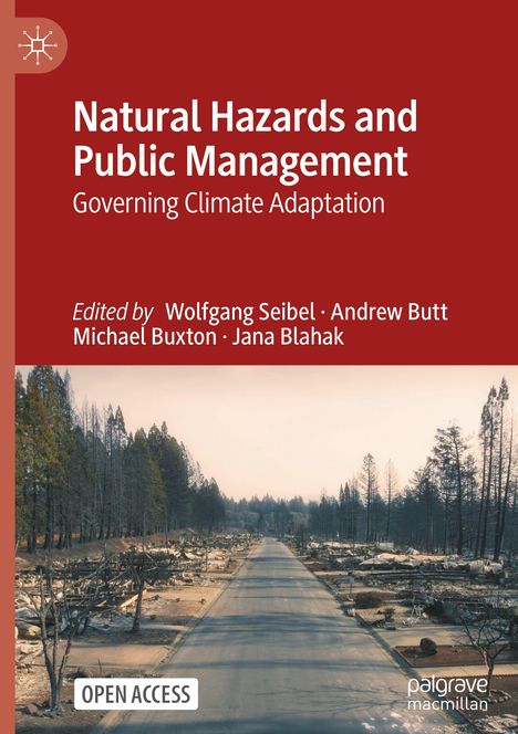 „Natural Hazards and Public Management“ oben, darunter ein zerstörter Wald nach einem Feuer, Straßenszene.