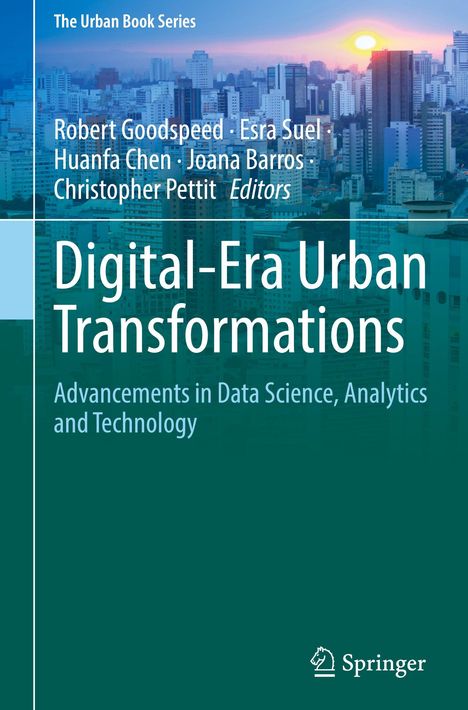 Text: "Digital-Era Urban Transformations". Hintergrund: Stadtbild bei Sonnenuntergang. Logo: Springer am unteren Rand.