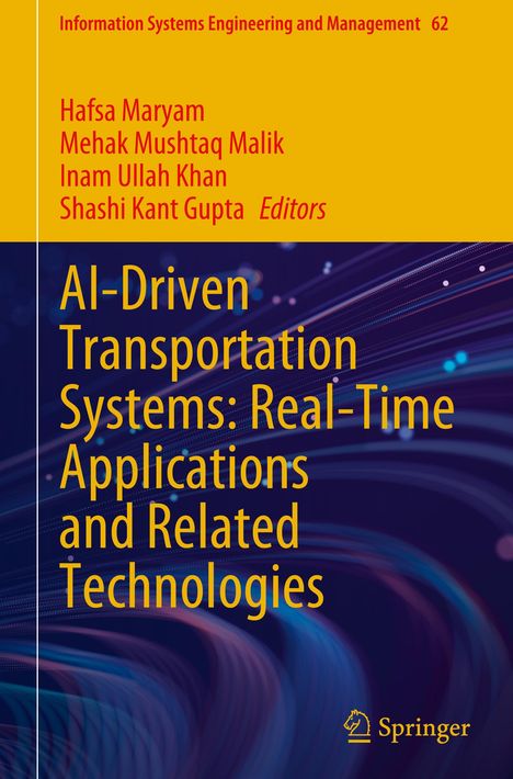 Titel: "AI-Driven Transportation Systems: Real-Time Applications and Related Technologies." Farbverlauf: Blau mit Linien.