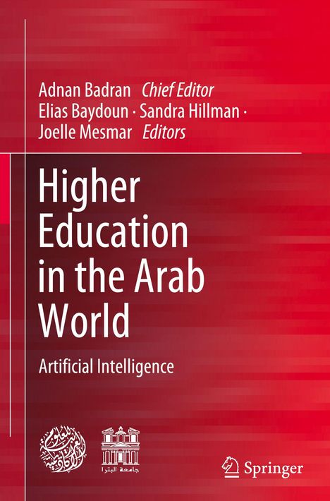 Roter Hintergrund, Text: "Higher Education in the Arab World: Artificial Intelligence". Mehrere Editoren namentlich erwähnt. Logos unten.