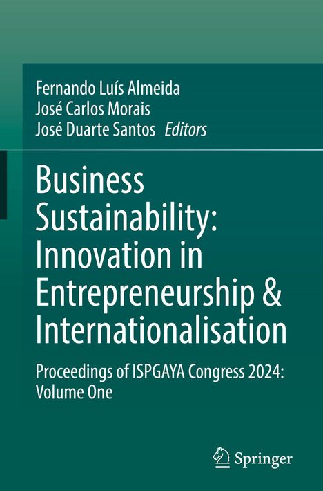 Buchtitel: "Business Sustainability: Innovation in Entrepreneurship & Internationalisation". Grüner Hintergrund.