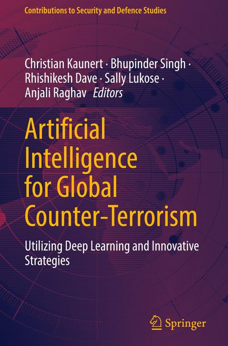 Buchtitel: "Artificial Intelligence for Global Counter-Terrorism". Dunkler Hintergrund mit subtilem geometrischem Muster.