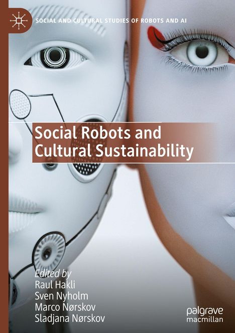 "Social Robots and Cultural Sustainability". Zwei Gesichter: eins robotisch, das andere menschlich mit rotem Augen-Make-up.