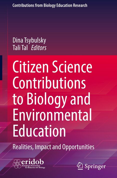 Text: "Citizen Science Contributions to Biology and Environmental Education: Realities, Impact and Opportunities." Autoren: Dina Tsybulsky, Tali Tal. Roter und violetter Hintergrund mit geometrischen Mustern. Logos unten.