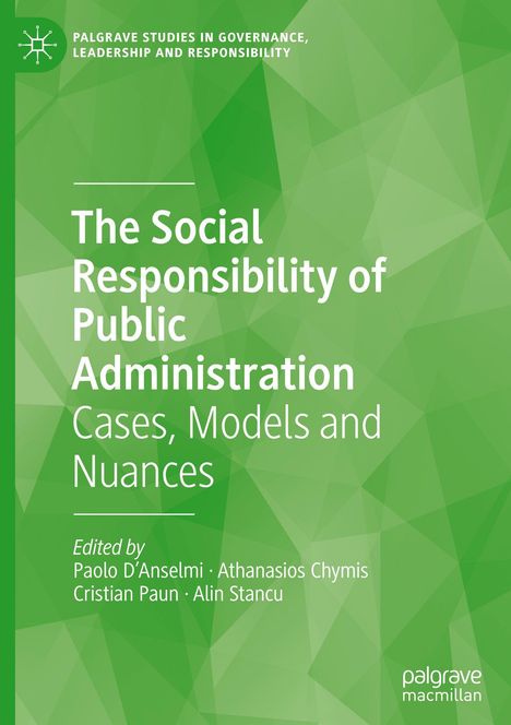 "The Social Responsibility of Public Administration: Cases, Models and Nuances" auf grünem geometrischem Hintergrund.