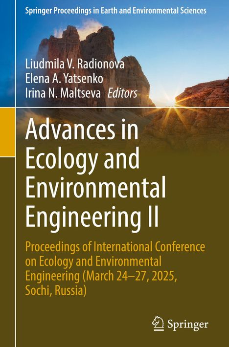 Titel: "Advances in Ecology and Environmental Engineering II". Hintergrund: Sonnenaufgang über Bergen.