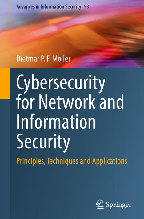 Titel: "Cybersecurity for Network and Information Security". Farben: Blau und Orange. Verleger: Springer.
