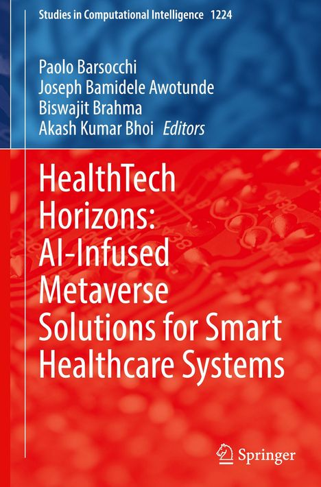 "HealthTech Horizons: AI-Infused Metaverse Solutions for Smart Healthcare Systems." Oben blauer Hintergrund, unten rot.