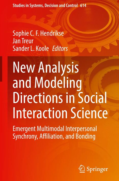 "New Analysis and Modeling Directions in Social Interaction Science." Rotes Buchcover mit Zahnrädern im Hintergrund.