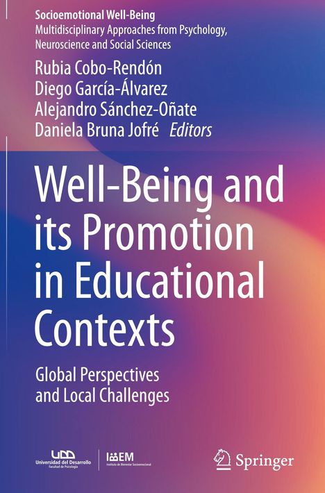 Titel: Well-Being and its Promotion in Educational Contexts. Hintergrund: Farbverlauf von Blau zu Rosa. Logos unten.