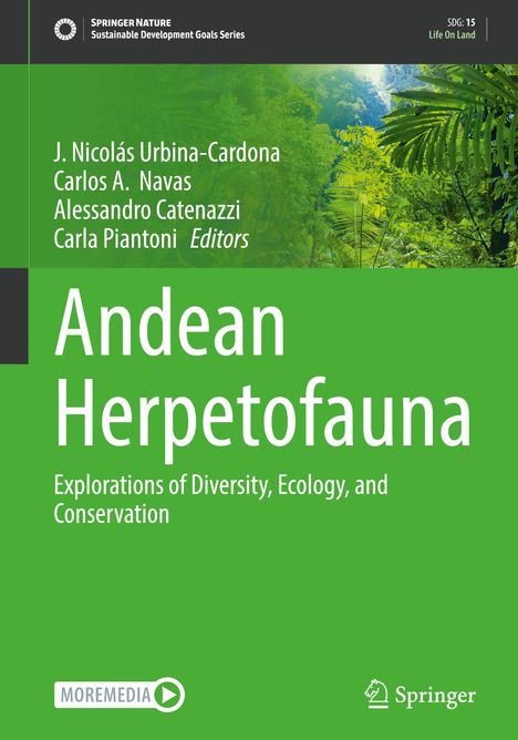 "Andean Herpetofauna" von J. Nicolás Urbina-Cardona u.a., grüne Abdeckung mit Pflanzenhintergrund, Logos von Springer und MOREMEDIA.