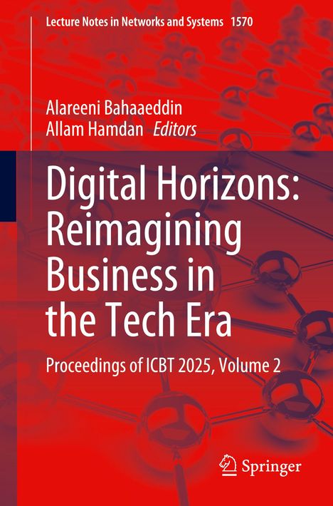 „Digital Horizons: Reimagining Business in the Tech Era“ steht in weißer Schrift auf rotem Hintergrund mit Netzwerkdiagramm.