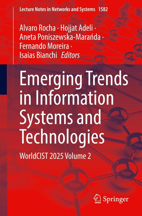 Text: Emerging Trends in Information Systems and Technologies. Hintergrund in Rot mit abstrakten Verbindungen, Springer-Logo.