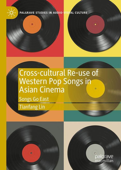 Text: "Cross-cultural Re-use of Western Pop Songs in Asian Cinema. Songs Go East. Tianfang Lin." Hintergrund: Bunte Schallplatten.