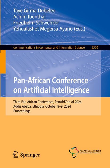 Titel: Pan-African Conference on Artificial Intelligence. Autoren: Taye Girma Debelee, Achim Ibenthal. Farben: Blau, Orange.