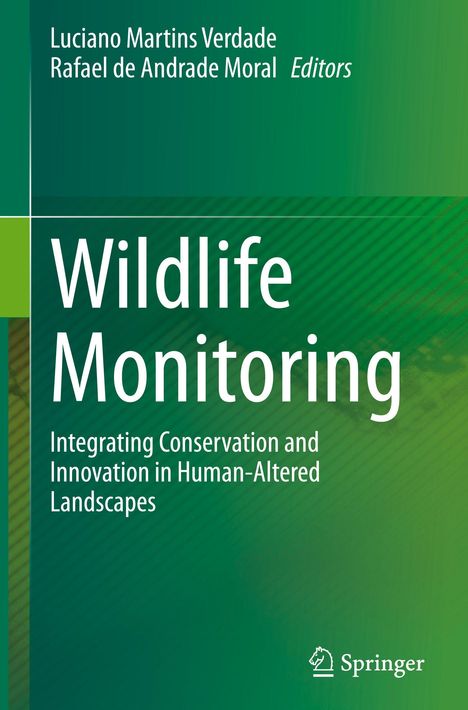 Buchcover mit Titel "Wildlife Monitoring", Untertitel zur Integration von Naturschutz und Innovation, grüner Hintergrund.