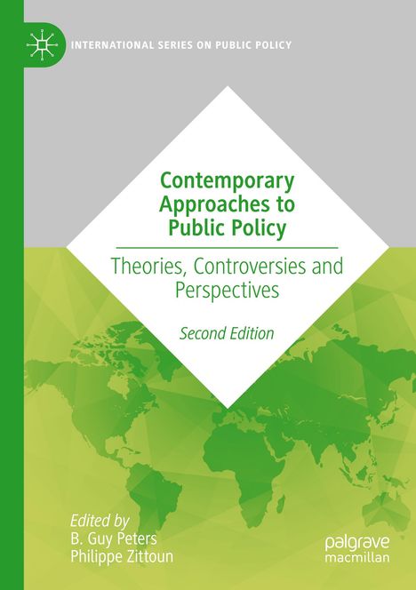 „Contemporary Approaches to Public Policy“ auf grauem und grünem Hintergrund mit Weltkarte, zweiter Edition.