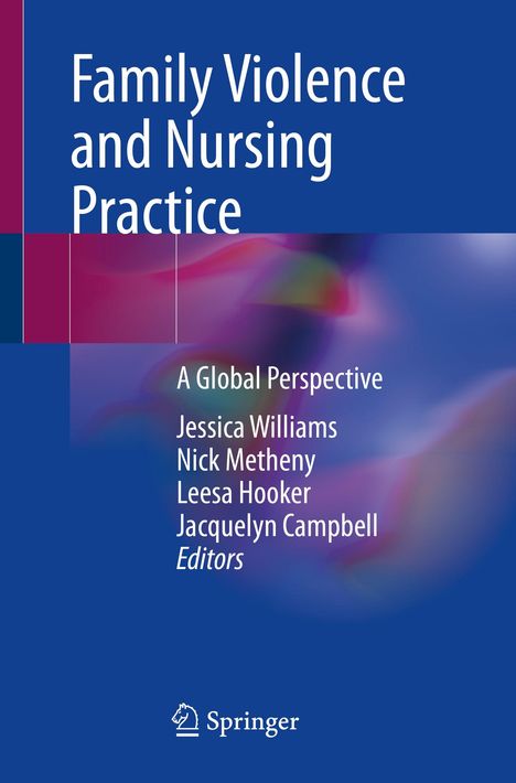 "Family Violence and Nursing Practice", globale Perspektive, Editorenliste. Blaues Cover, abstrakte bunte Formen, Springer-Logo.