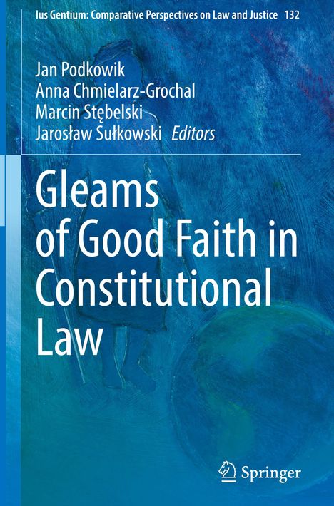 Text: "Gleams of Good Faith in Constitutional Law" von mehreren Herausgebern. Blau-grüner Hintergrund mit abstrakten Formen.