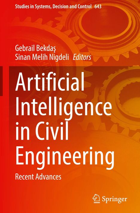 "Artificial Intelligence in Civil Engineering: Recent Advances". Orange Hintergrund mit Zahnrad-Muster, Springer-Logo.