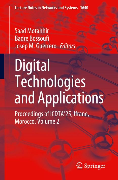 "Buchcover: Digital Technologies and Applications, ICDTA'25, Ifrane. Muster aus verbundenen Kugeln im Hintergrund."