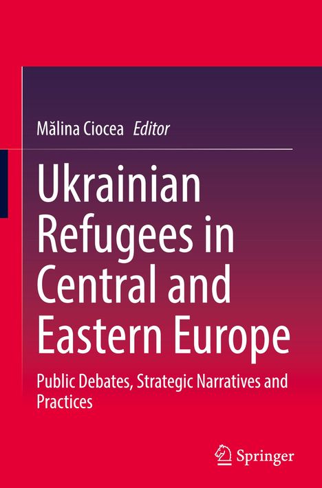 Text: "Mălina Ciocea, Editor. Ukrainian Refugees in Central and Eastern Europe. Public Debates, Strategic Narratives and Practices." Unten ist das Springer-Logo. Der Hintergrund ist rot und violett.