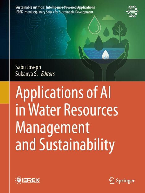 Buchtitel: Applications of AI in Water Resources Management and Sustainability. Illustration von Händen, Wasser und Natur.