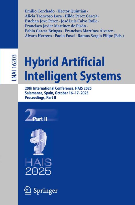 „Hybrid Artificial Intelligent Systems“; Konferenz HAIS 2025 in Salamanca. Illustration eines robotischen Kopfes, Springer-Logo.