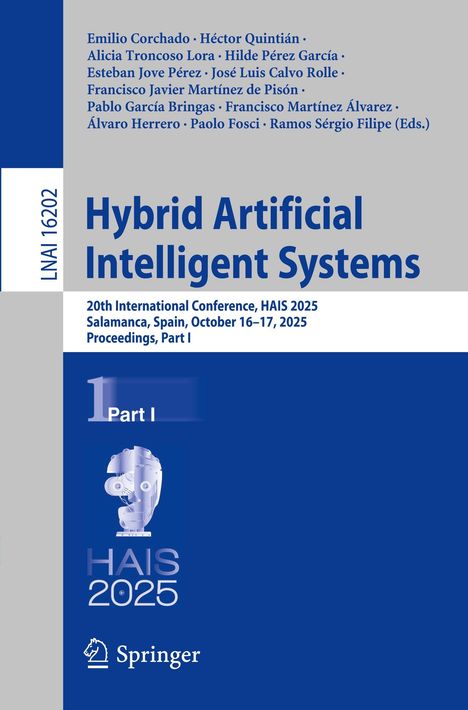 "Hybrid Artificial Intelligent Systems" steht groß in Blau. "HAIS 2025" unten über einer Roboterillustration.